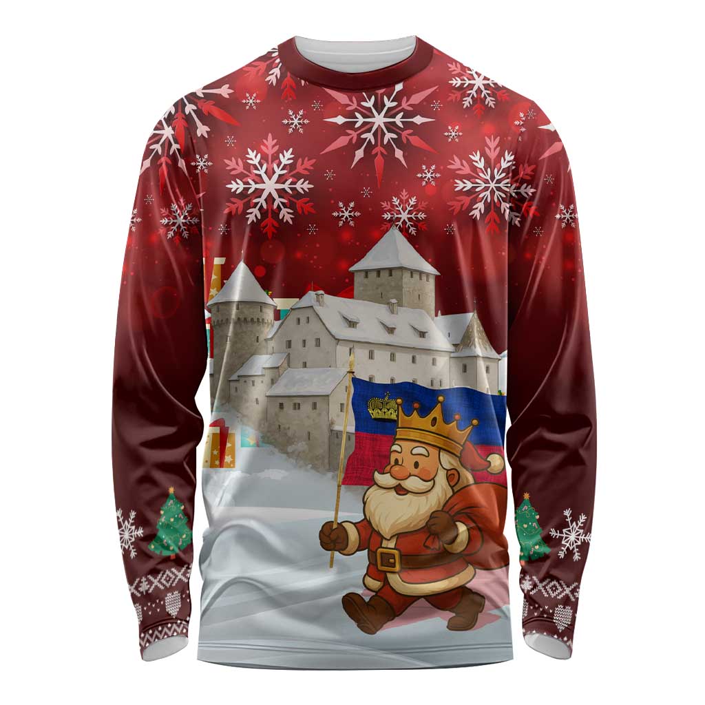 Liechtenstein Christmas Long Sleeve Shirt with Santa Claus Castle Snowflakes and National Flag - Wonder Print Shop