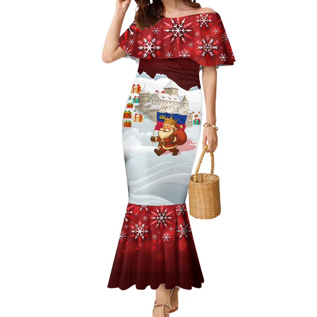 Liechtenstein Christmas Mermaid Dress with Santa Claus Castle Snowflakes and National Flag - Wonder Print Shop