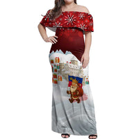 Liechtenstein Christmas Off Shoulder Maxi Dress with Santa Claus Castle Snowflakes and National Flag - Wonder Print Shop