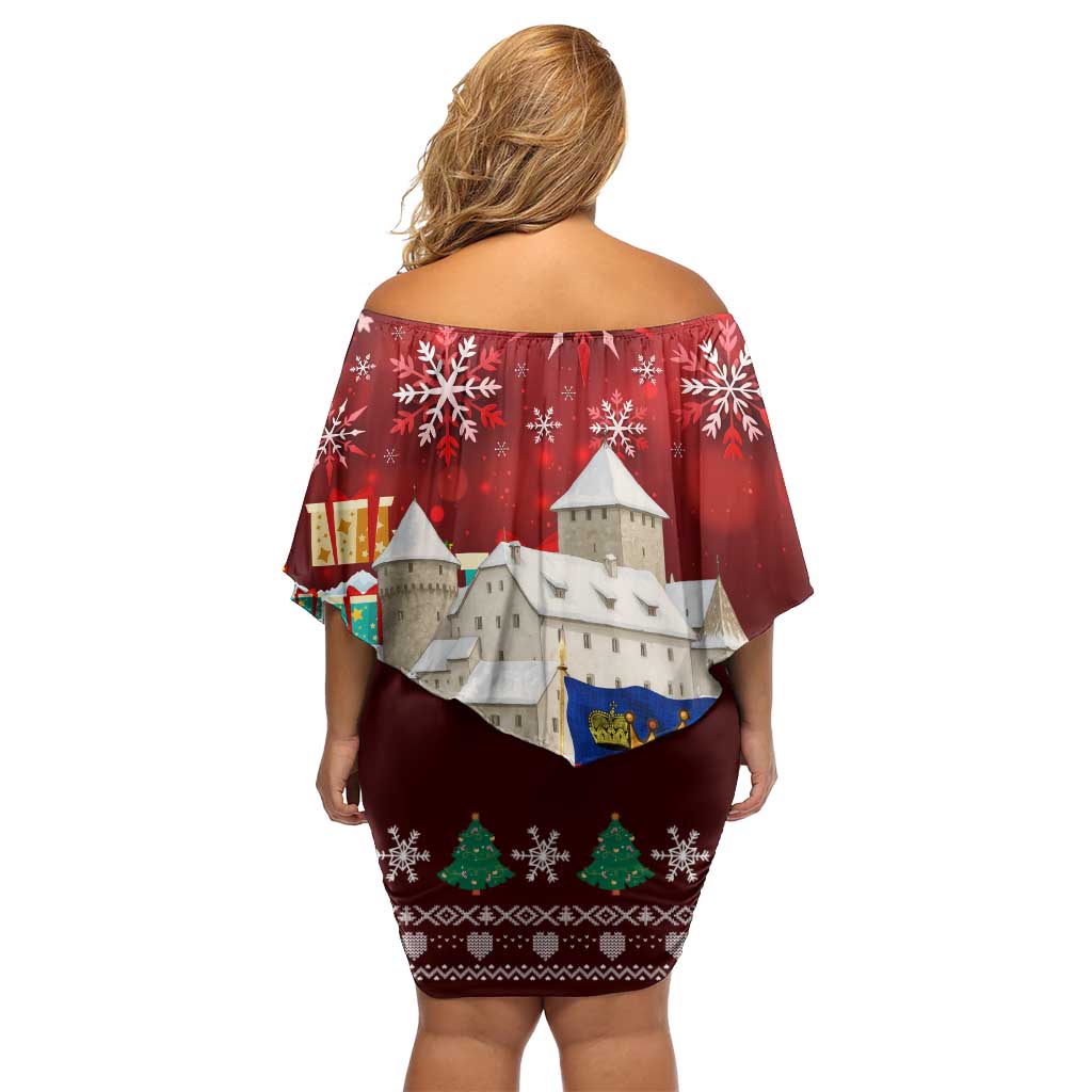 Liechtenstein Christmas Off Shoulder Short Dress with Santa Claus Castle Snowflakes and National Flag - Wonder Print Shop