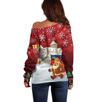 Liechtenstein Christmas Off Shoulder Sweater with Santa Claus Castle Snowflakes and National Flag - Wonder Print Shop
