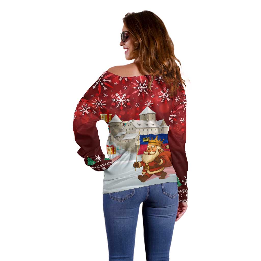 Liechtenstein Christmas Off Shoulder Sweater with Santa Claus Castle Snowflakes and National Flag - Wonder Print Shop