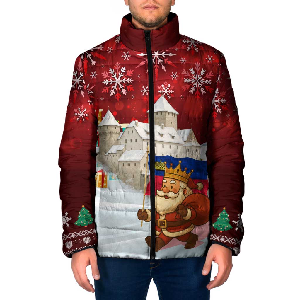 Liechtenstein Christmas Padded Jacket with Santa Claus Castle Snowflakes and National Flag - Wonder Print Shop