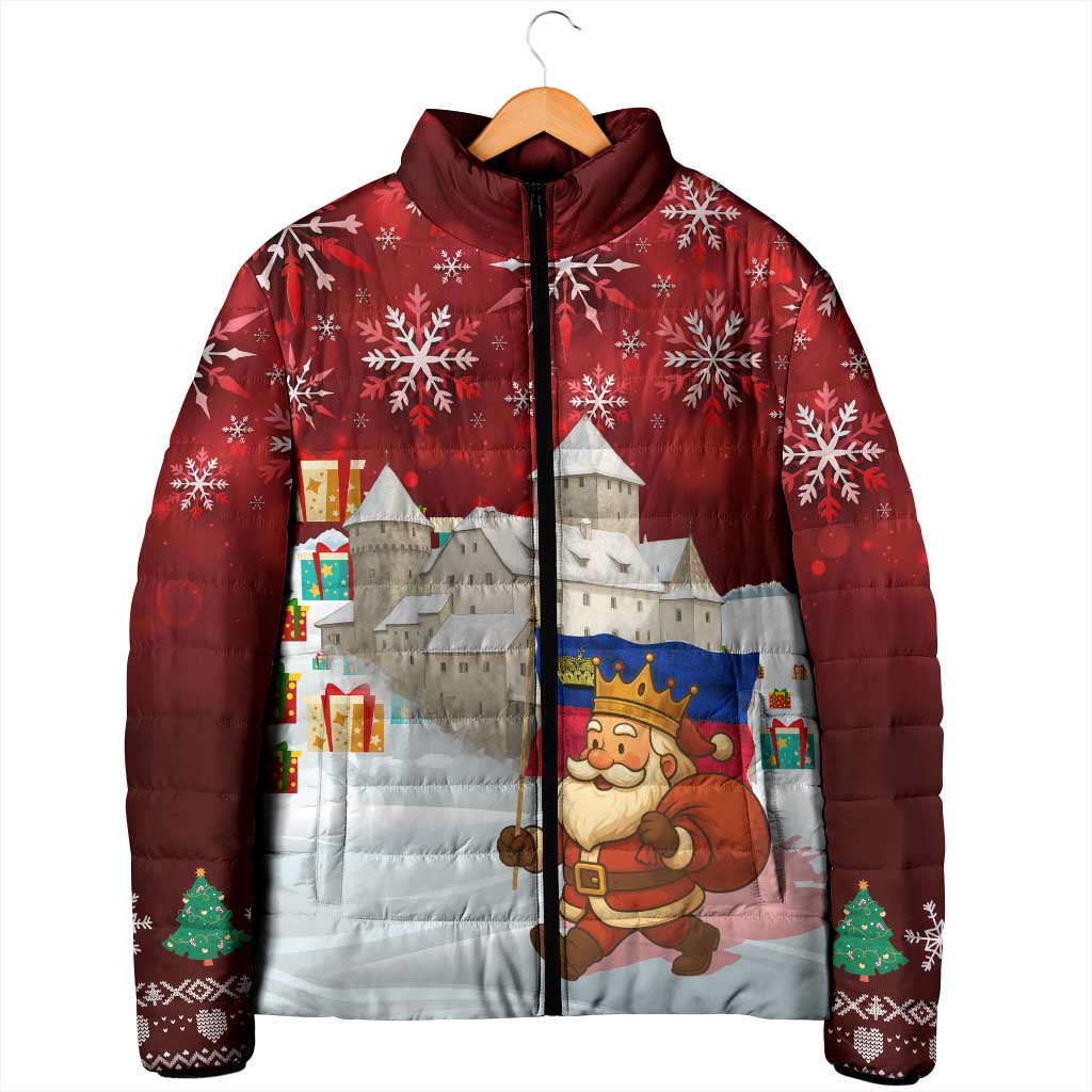 Liechtenstein Christmas Padded Jacket with Santa Claus Castle Snowflakes and National Flag - Wonder Print Shop