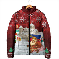 Liechtenstein Christmas Padded Jacket with Santa Claus Castle Snowflakes and National Flag - Wonder Print Shop