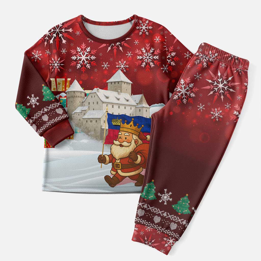 Liechtenstein Christmas Pajama Set with Santa Claus Castle Snowflakes and National Flag - Wonder Print Shop