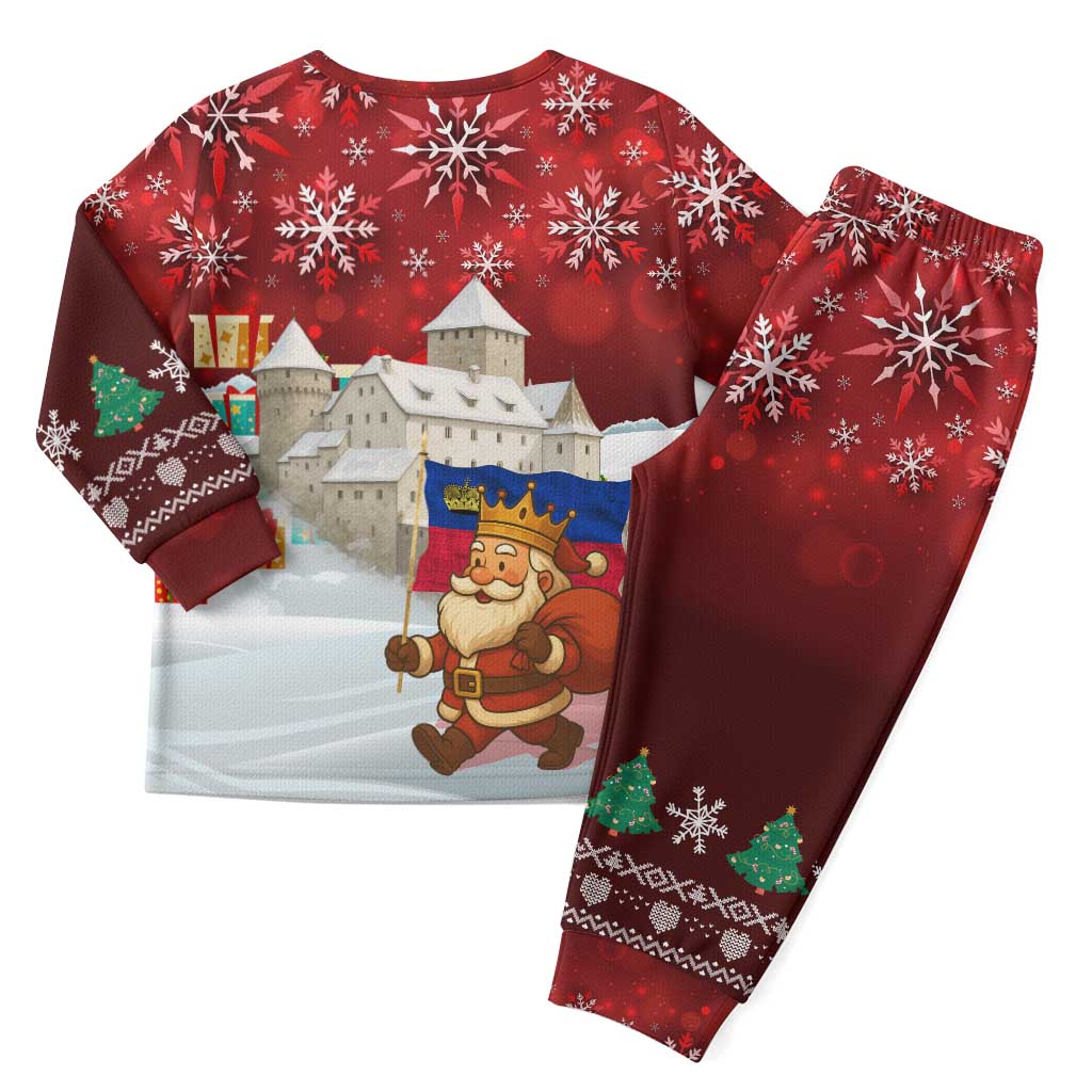 Liechtenstein Christmas Pajama Set with Santa Claus Castle Snowflakes and National Flag - Wonder Print Shop