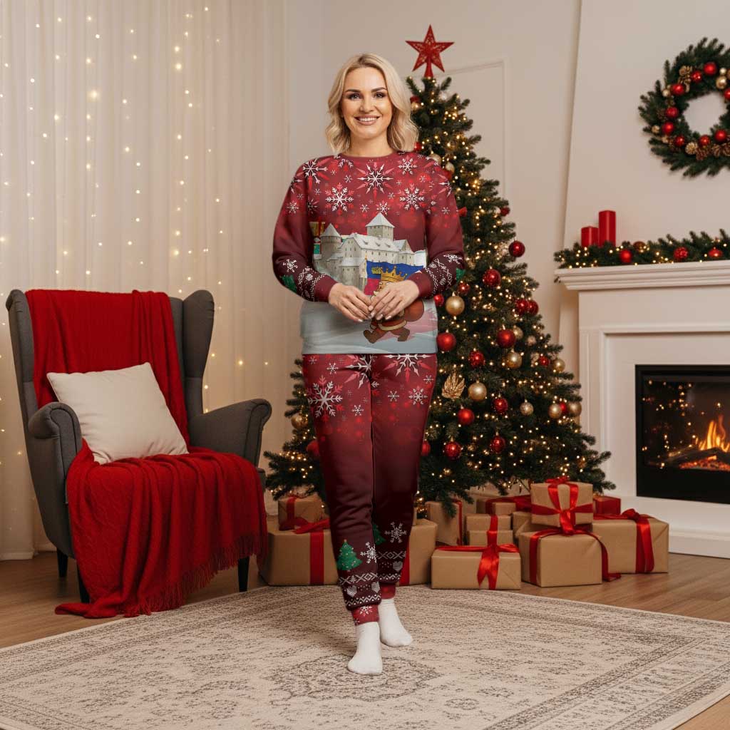 Liechtenstein Christmas Pajama Set with Santa Claus Castle Snowflakes and National Flag - Wonder Print Shop