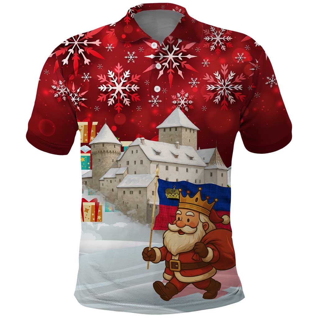 Liechtenstein Christmas Polo Shirt with Santa Claus Castle Snowflakes and National Flag - Wonder Print Shop