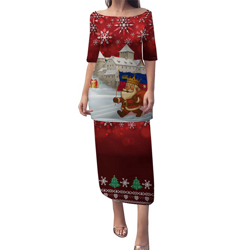 Liechtenstein Christmas Puletasi with Santa Claus Castle Snowflakes and National Flag - Wonder Print Shop