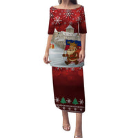 Liechtenstein Christmas Puletasi with Santa Claus Castle Snowflakes and National Flag - Wonder Print Shop