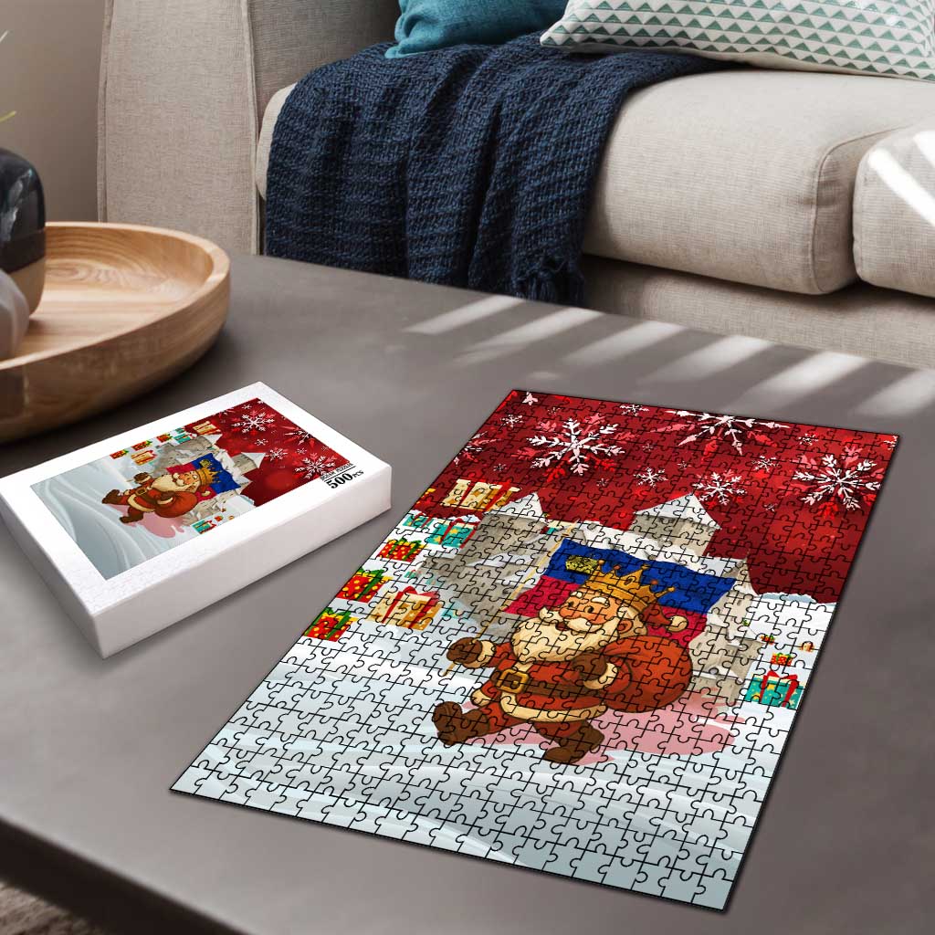Liechtenstein Christmas Puzzle with Santa Claus Castle Snowflakes and National Flag - Wonder Print Shop