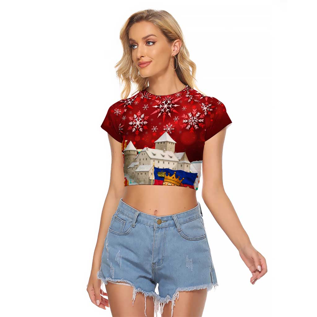 Liechtenstein Christmas Raglan Cropped T Shirt with Santa Claus Castle Snowflakes and National Flag - Wonder Print Shop