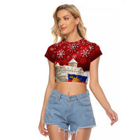 Liechtenstein Christmas Raglan Cropped T Shirt with Santa Claus Castle Snowflakes and National Flag - Wonder Print Shop