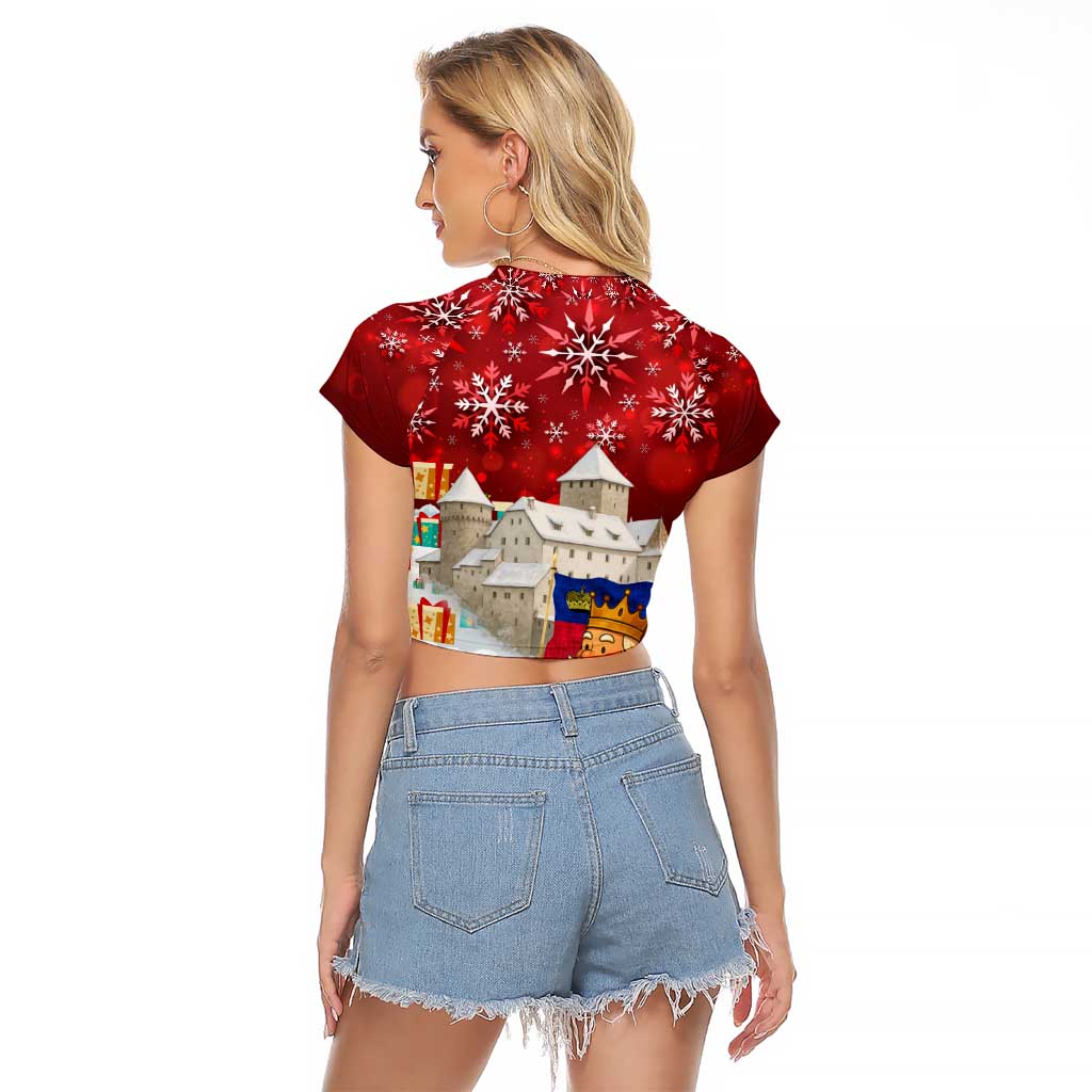 Liechtenstein Christmas Raglan Cropped T Shirt with Santa Claus Castle Snowflakes and National Flag - Wonder Print Shop