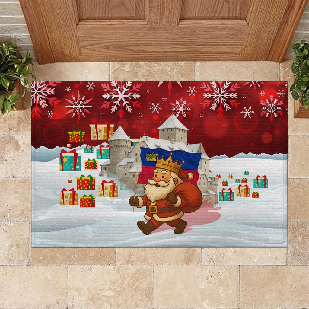 Liechtenstein Christmas Rubber Doormat with Santa Claus Castle Snowflakes and National Flag - Wonder Print Shop