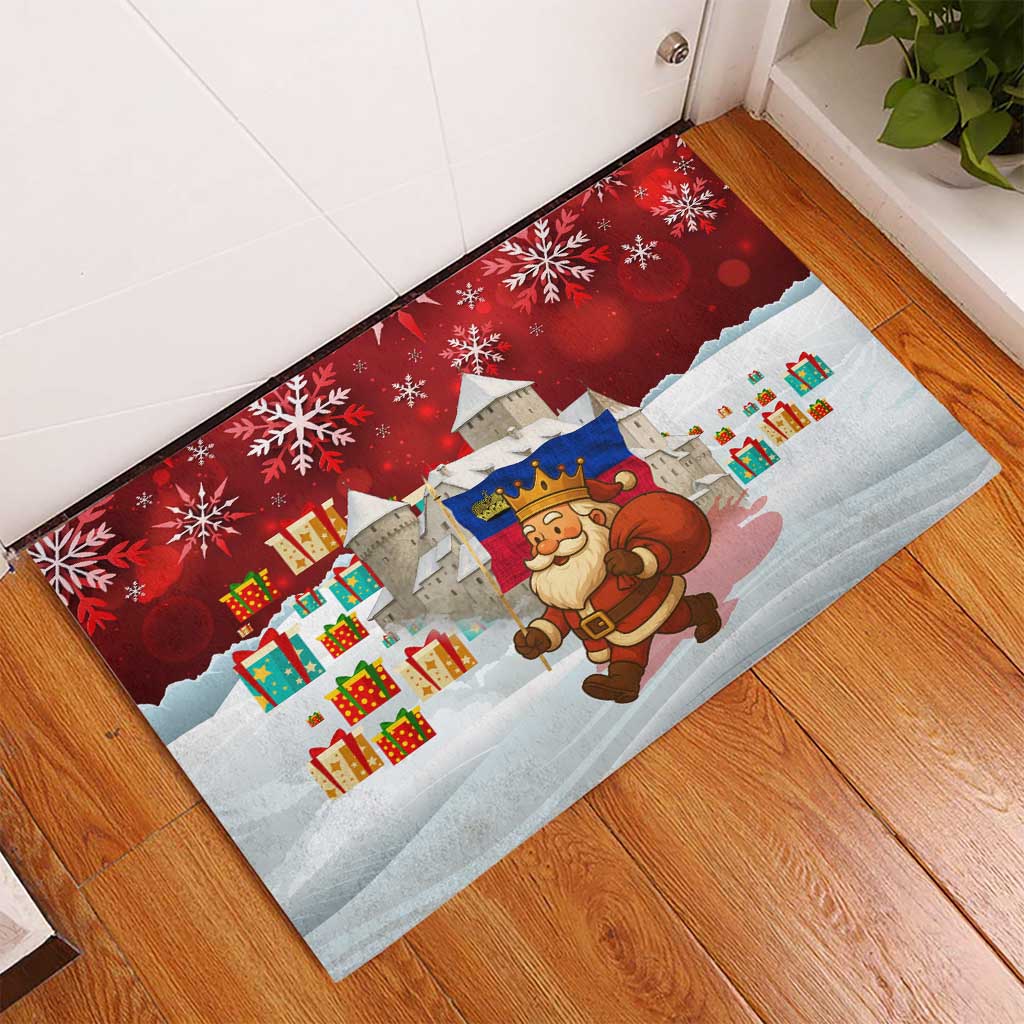 Liechtenstein Christmas Rubber Doormat with Santa Claus Castle Snowflakes and National Flag - Wonder Print Shop