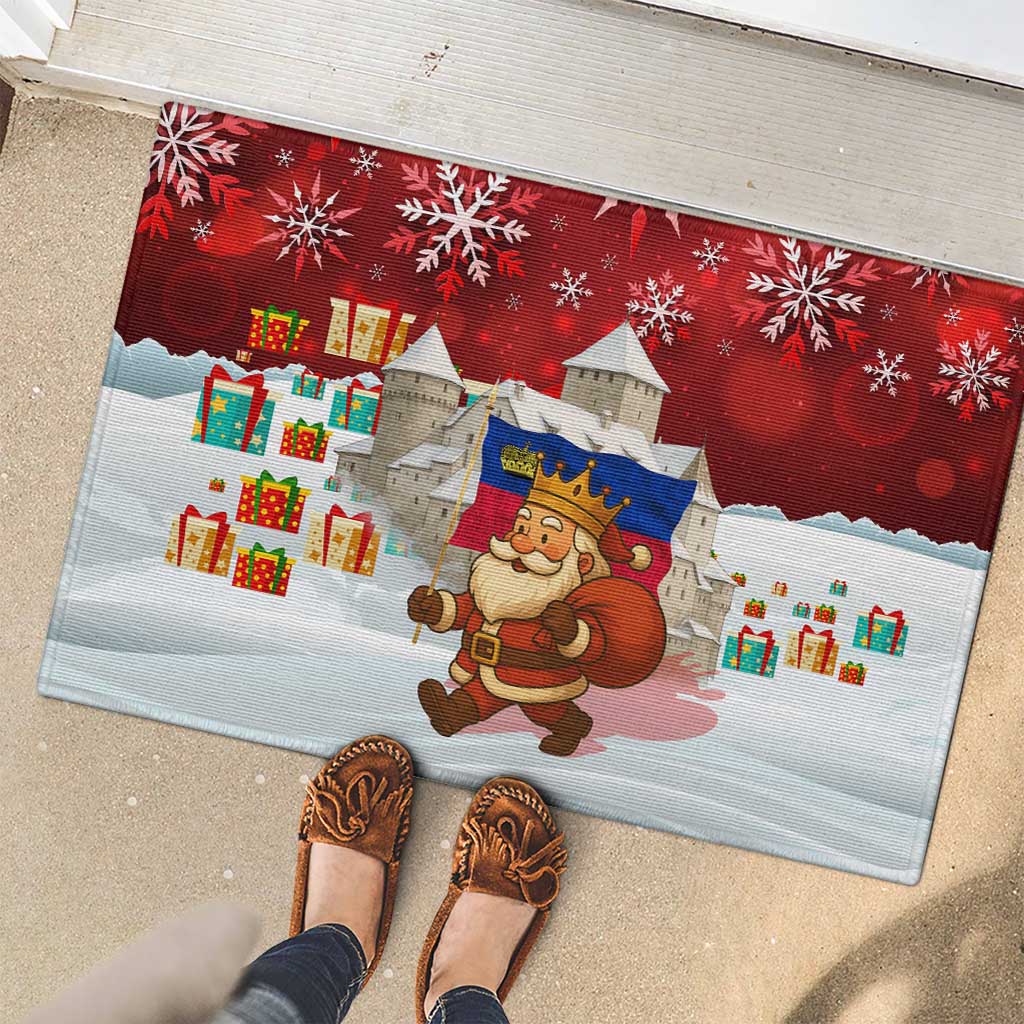 Liechtenstein Christmas Rubber Doormat with Santa Claus Castle Snowflakes and National Flag - Wonder Print Shop