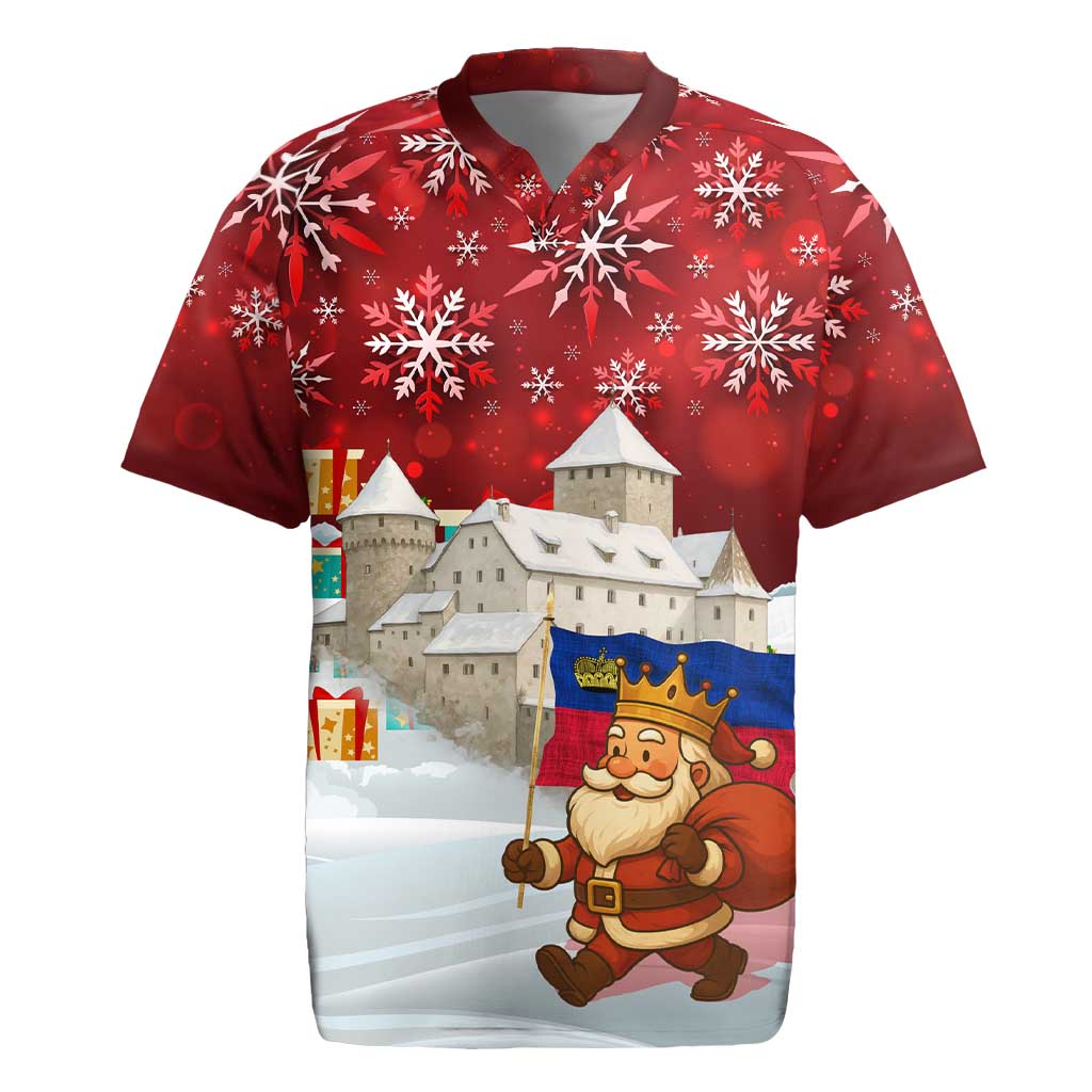 Liechtenstein Christmas Rugby Jersey with Santa Claus Castle Snowflakes and National Flag - Wonder Print Shop