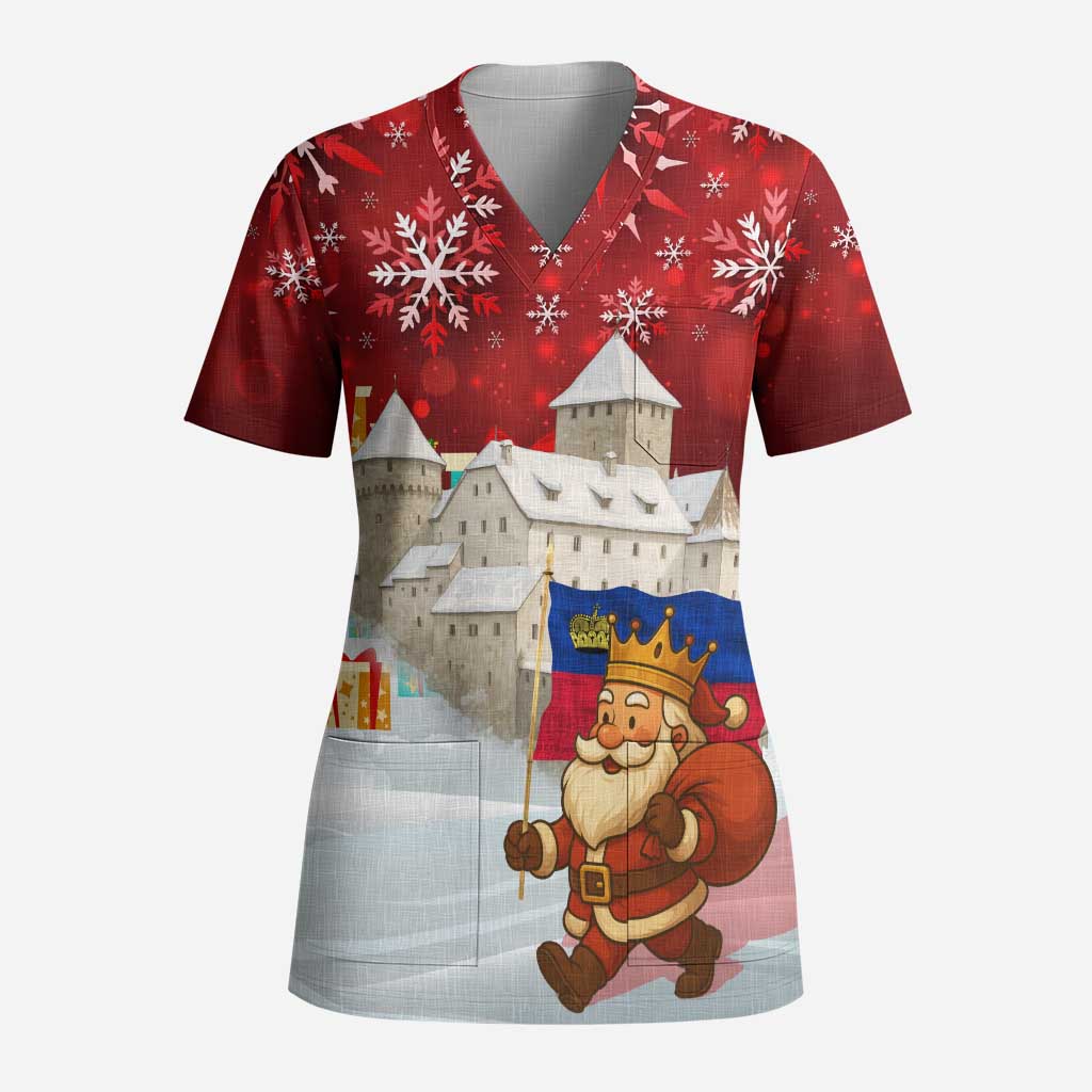 Liechtenstein Christmas Scrub Top with Santa Claus Castle Snowflakes and National Flag - Wonder Print Shop