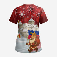 Liechtenstein Christmas Scrub Top with Santa Claus Castle Snowflakes and National Flag - Wonder Print Shop