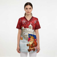 Liechtenstein Christmas Scrub Top with Santa Claus Castle Snowflakes and National Flag - Wonder Print Shop
