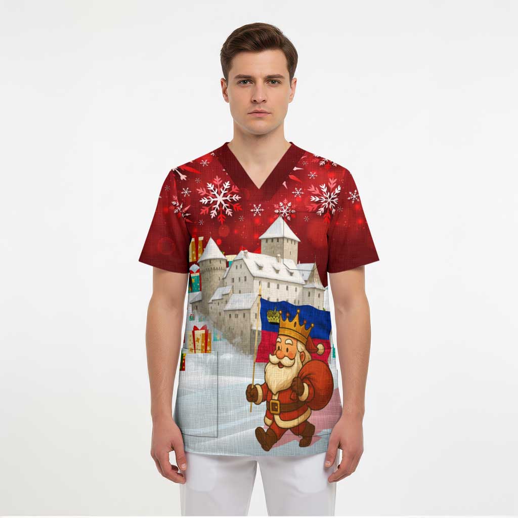 Liechtenstein Christmas Scrub Top with Santa Claus Castle Snowflakes and National Flag - Wonder Print Shop