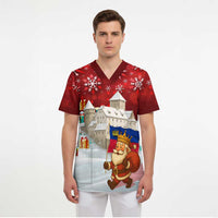 Liechtenstein Christmas Scrub Top with Santa Claus Castle Snowflakes and National Flag - Wonder Print Shop