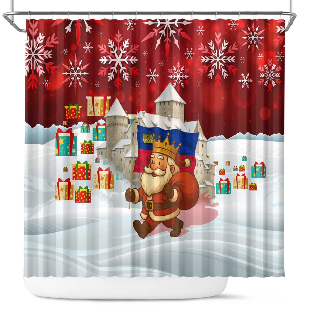 Liechtenstein Christmas Shower Curtain with Santa Claus Castle Snowflakes and National Flag - Wonder Print Shop