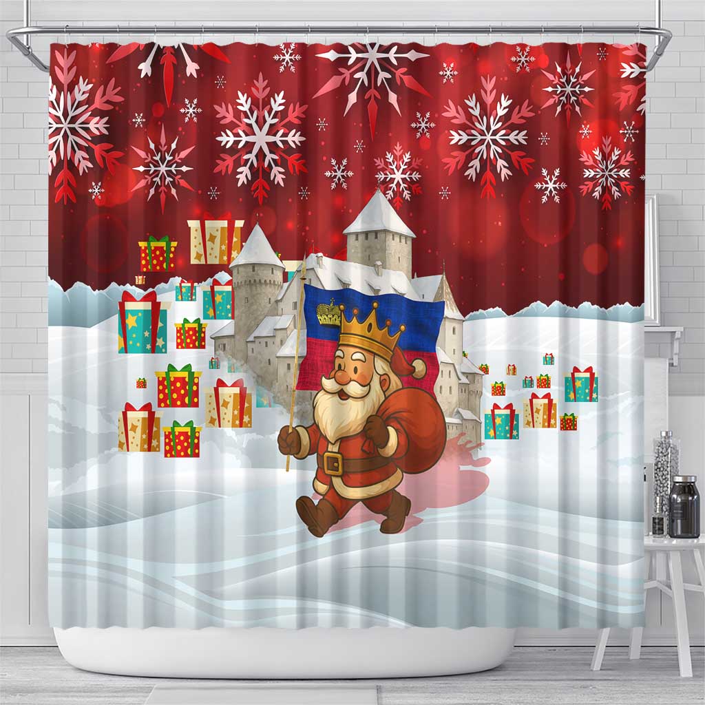 Liechtenstein Christmas Shower Curtain with Santa Claus Castle Snowflakes and National Flag - Wonder Print Shop