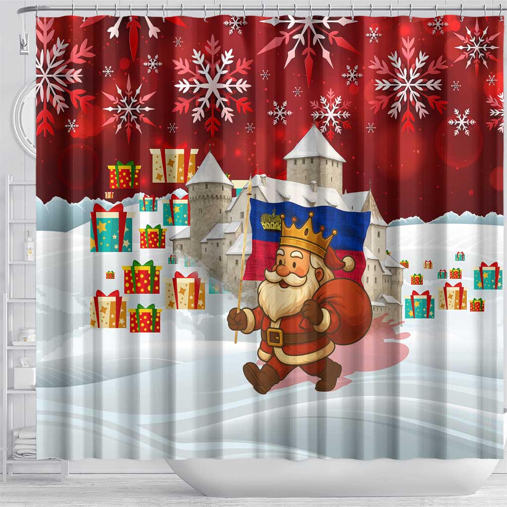Liechtenstein Christmas Shower Curtain with Santa Claus Castle Snowflakes and National Flag - Wonder Print Shop