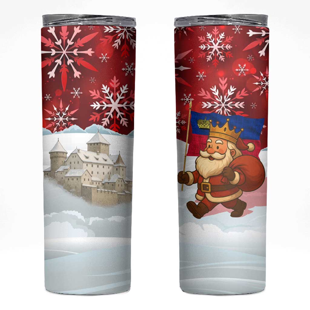 Liechtenstein Christmas Skinny Tumbler with Santa Claus Castle Snowflakes and National Flag - Wonder Print Shop