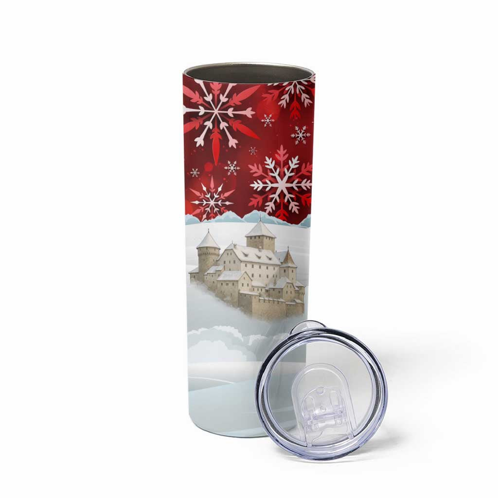 Liechtenstein Christmas Skinny Tumbler with Santa Claus Castle Snowflakes and National Flag - Wonder Print Shop