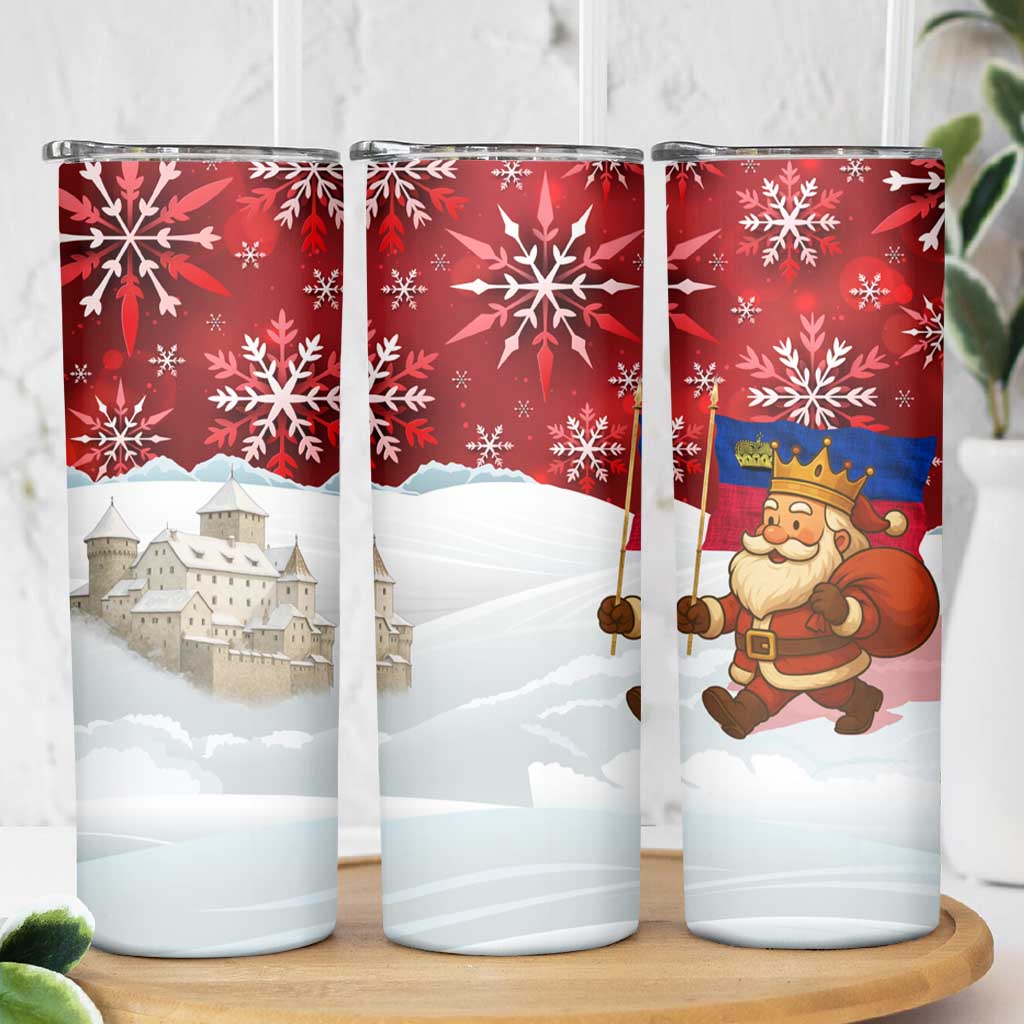 Liechtenstein Christmas Skinny Tumbler with Santa Claus Castle Snowflakes and National Flag - Wonder Print Shop