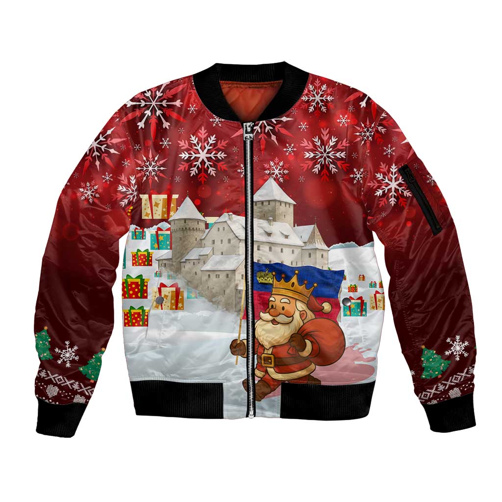 Liechtenstein Christmas Sleeve Zip Bomber Jacket with Santa Claus Castle Snowflakes and National Flag - Wonder Print Shop