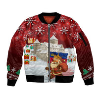 Liechtenstein Christmas Sleeve Zip Bomber Jacket with Santa Claus Castle Snowflakes and National Flag - Wonder Print Shop