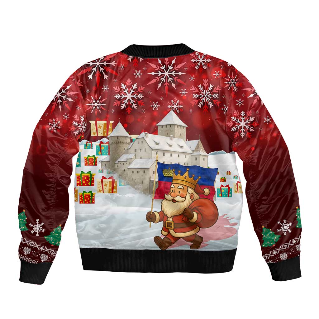 Liechtenstein Christmas Sleeve Zip Bomber Jacket with Santa Claus Castle Snowflakes and National Flag - Wonder Print Shop