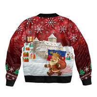 Liechtenstein Christmas Sleeve Zip Bomber Jacket with Santa Claus Castle Snowflakes and National Flag - Wonder Print Shop