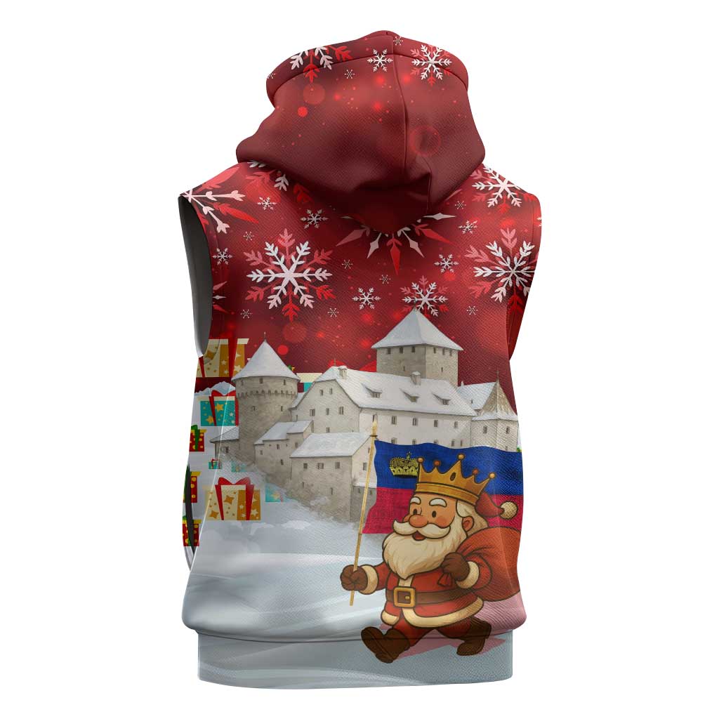 Liechtenstein Christmas Sleeveless Hoodie with Santa Claus Castle Snowflakes and National Flag - Wonder Print Shop