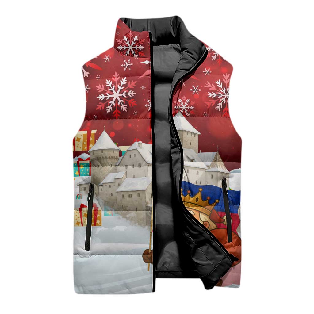 Liechtenstein Christmas Sleeveless Puffer Jacket with Santa Claus Castle Snowflakes and National Flag - Wonder Print Shop
