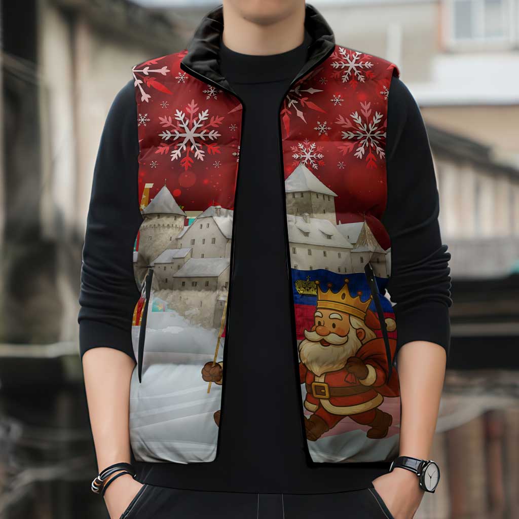 Liechtenstein Christmas Sleeveless Puffer Jacket with Santa Claus Castle Snowflakes and National Flag - Wonder Print Shop