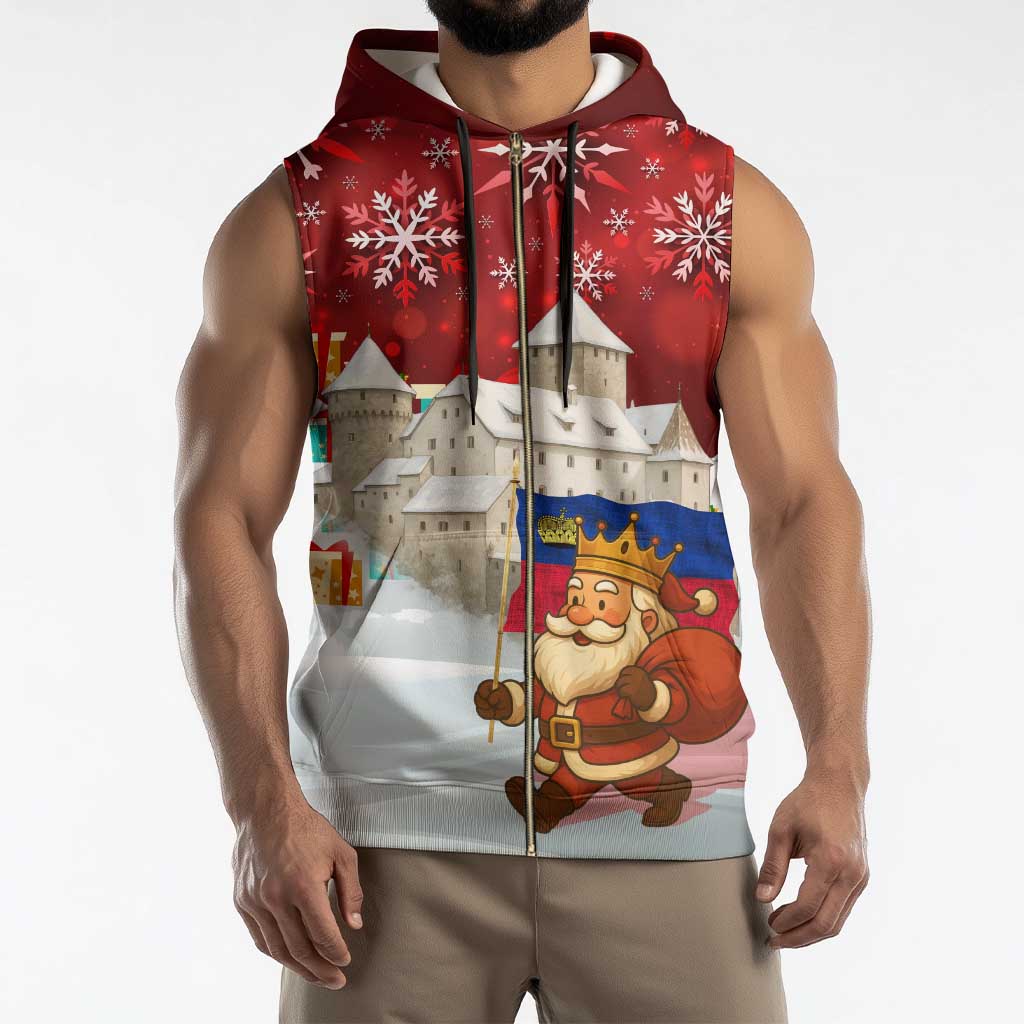 Liechtenstein Christmas Sleeveless Zip Hoodie with Santa Claus Castle Snowflakes and National Flag - Wonder Print Shop