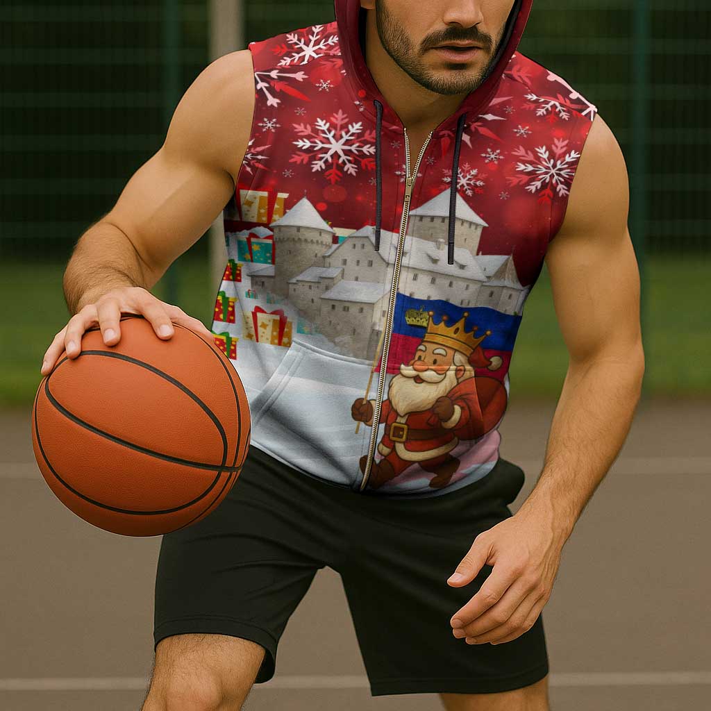 Liechtenstein Christmas Sleeveless Zip Hoodie with Santa Claus Castle Snowflakes and National Flag - Wonder Print Shop