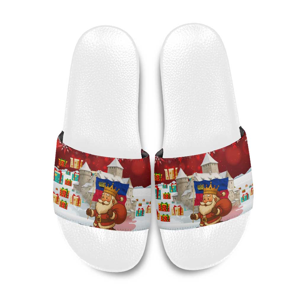 Liechtenstein Christmas Slide Sandals with Santa Claus Castle Snowflakes and National Flag - Wonder Print Shop