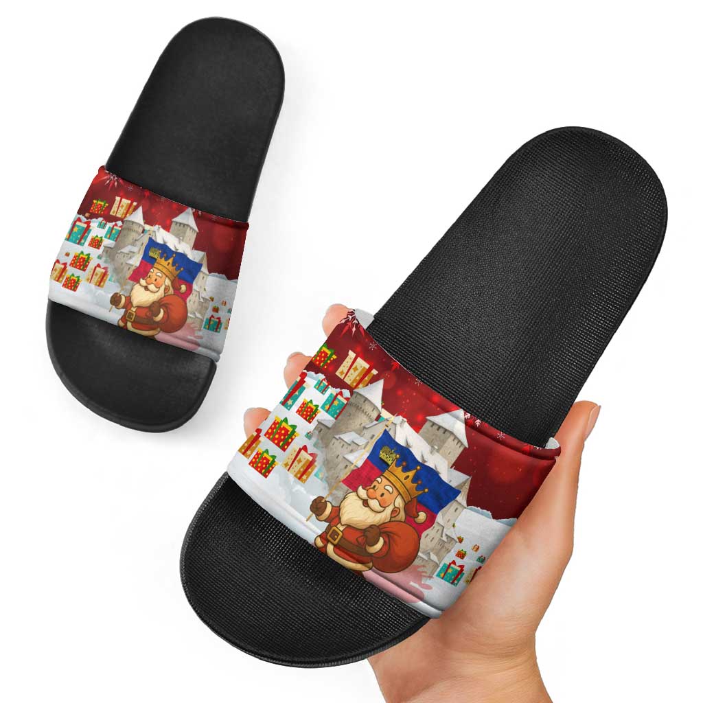 Liechtenstein Christmas Slide Sandals with Santa Claus Castle Snowflakes and National Flag - Wonder Print Shop
