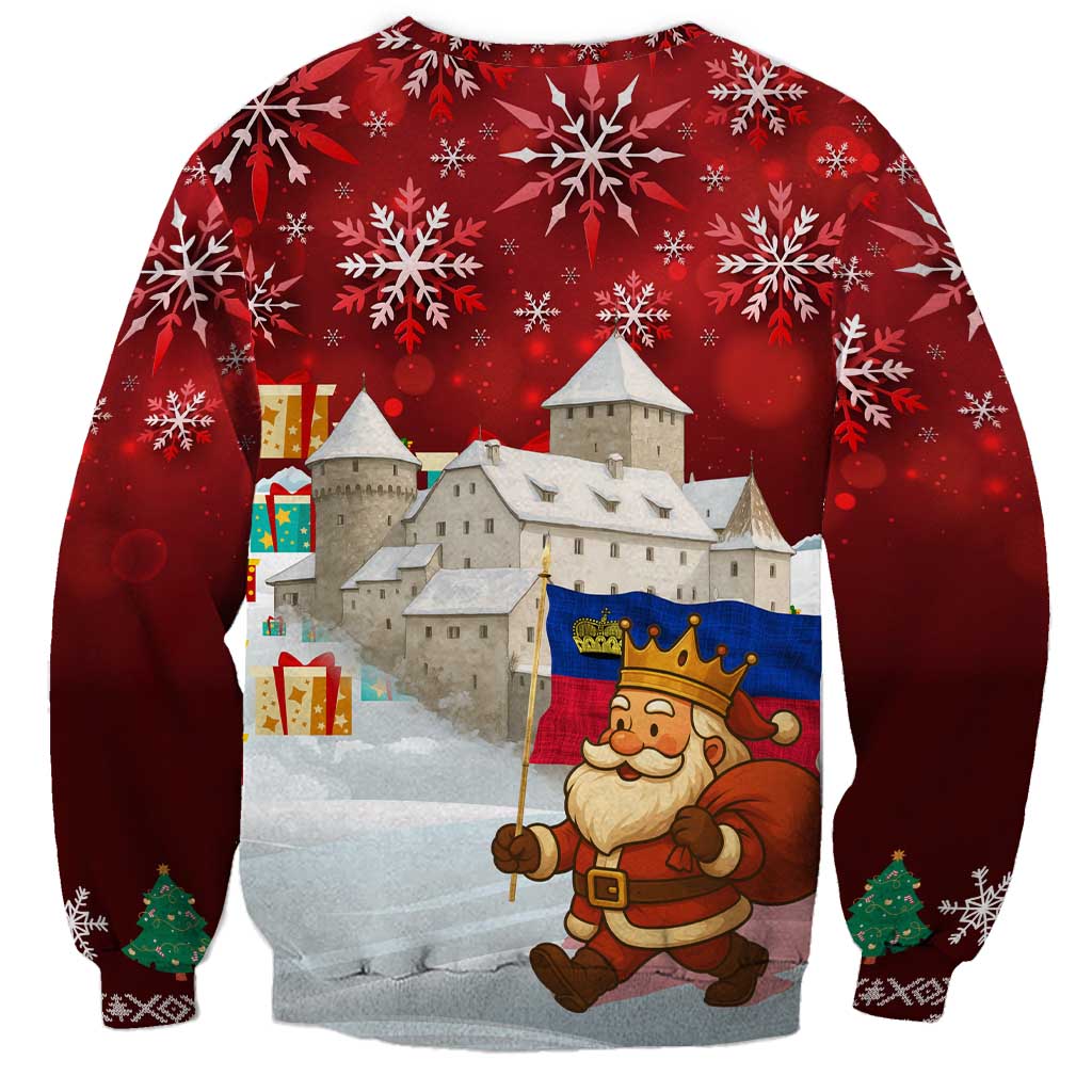 Liechtenstein Christmas Sweatshirt with Santa Claus Castle Snowflakes and National Flag - Wonder Print Shop