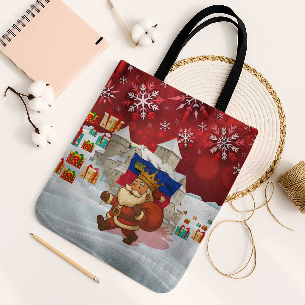 Liechtenstein Christmas Tote Bag with Santa Claus Castle Snowflakes and National Flag - Wonder Print Shop