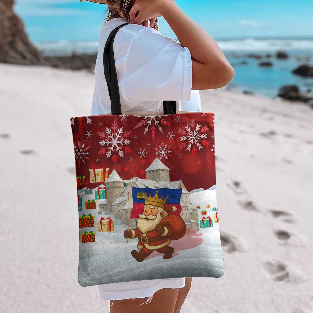 Liechtenstein Christmas Tote Bag with Santa Claus Castle Snowflakes and National Flag - Wonder Print Shop