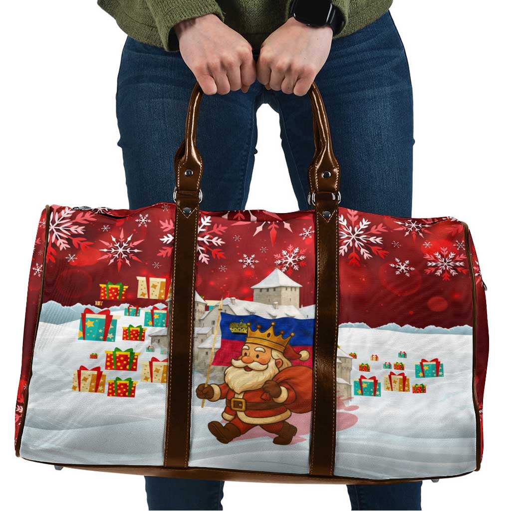 Liechtenstein Christmas Travel Bag with Santa Claus Castle Snowflakes and National Flag - Wonder Print Shop