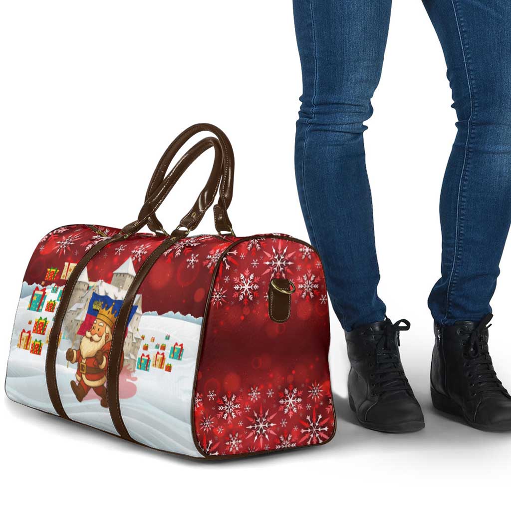 Liechtenstein Christmas Travel Bag with Santa Claus Castle Snowflakes and National Flag - Wonder Print Shop